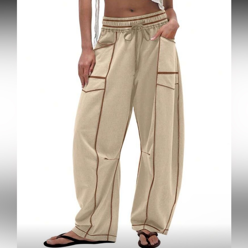 Joggers wide leg stitch pocket Beige Casual Pants